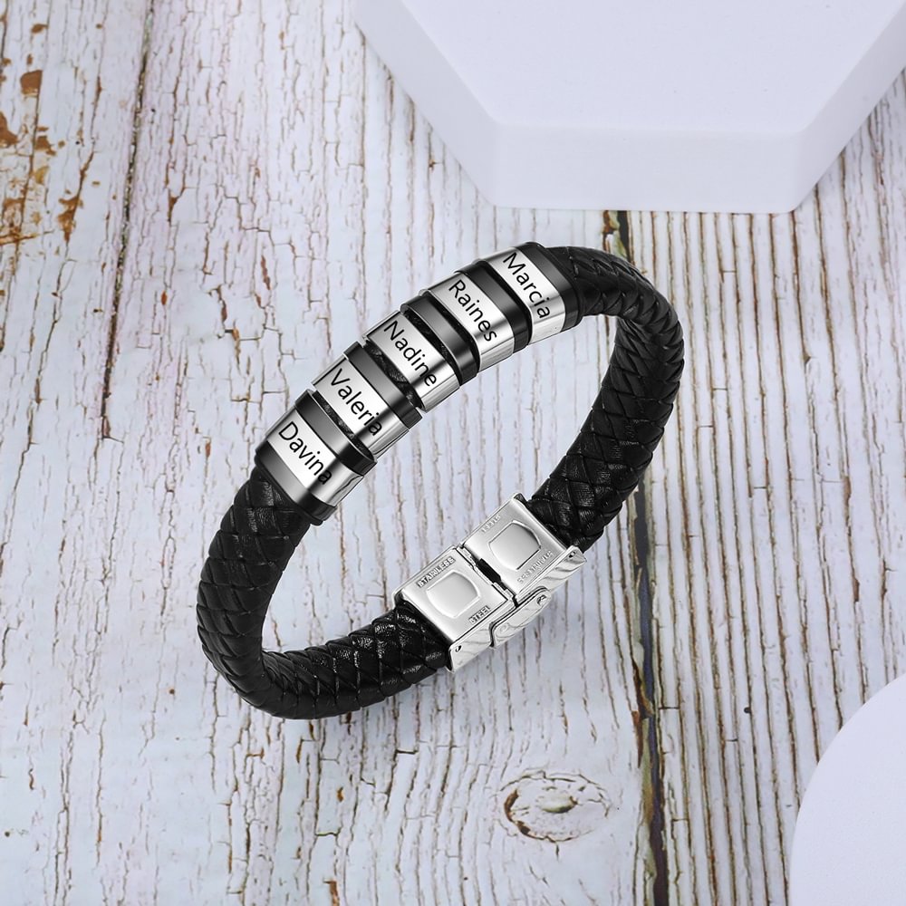 Bracelet Personnalisé Pour Papa - Cuir Noir Avec Gravure, Cadeau Anniversaire Noël