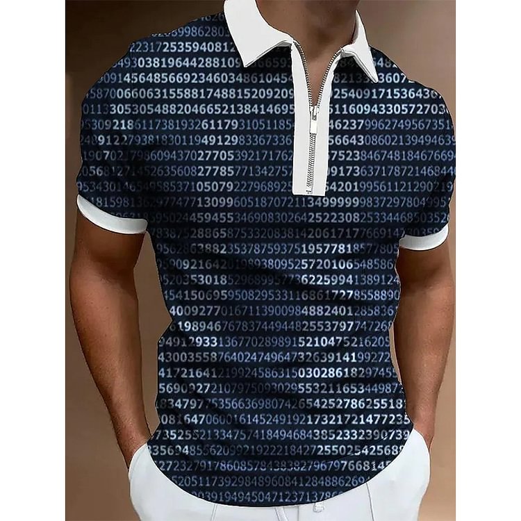 π Pattern Blue Zipper Short Sleeve Men's Polo Shirts