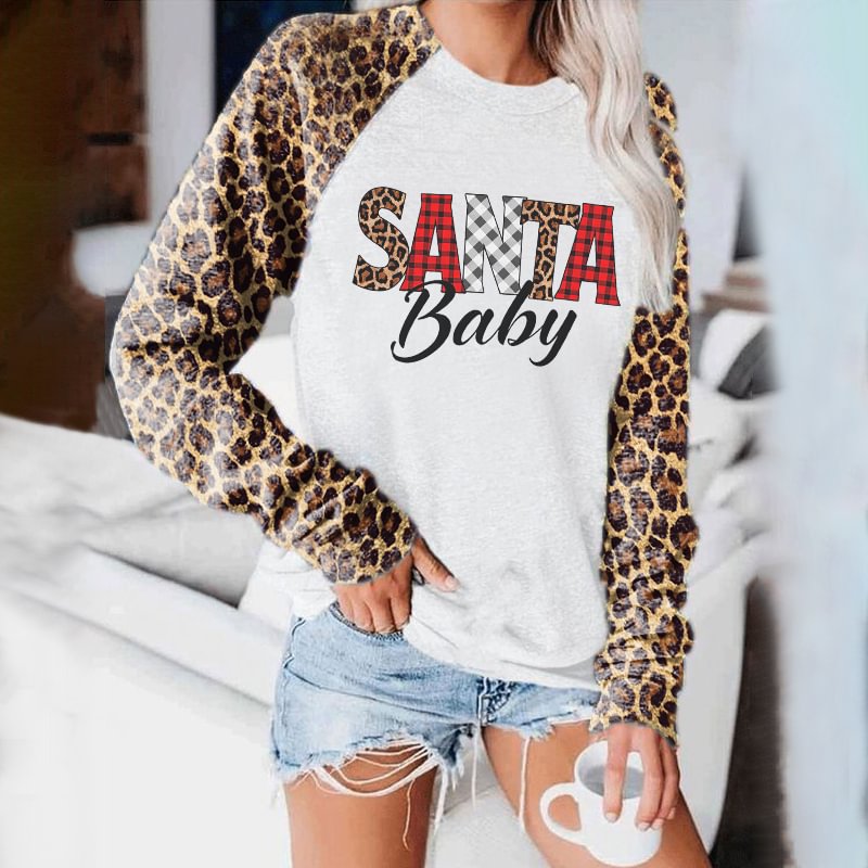 Leopard Check Letter Santa Baby Printed Casual Sweatshirt