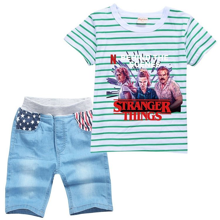 Girls Stranger Things Print Boys Striped T Shirt Denim Shorts Suit Set-Mayoulove