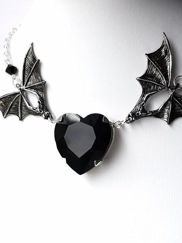 Heart Crystal Bat Necklace