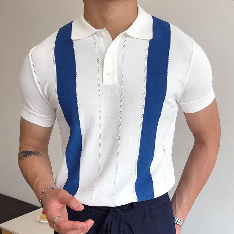 Button Striped Print Knitted Short Sleeve Men's Polo Shirts-VESSFUL