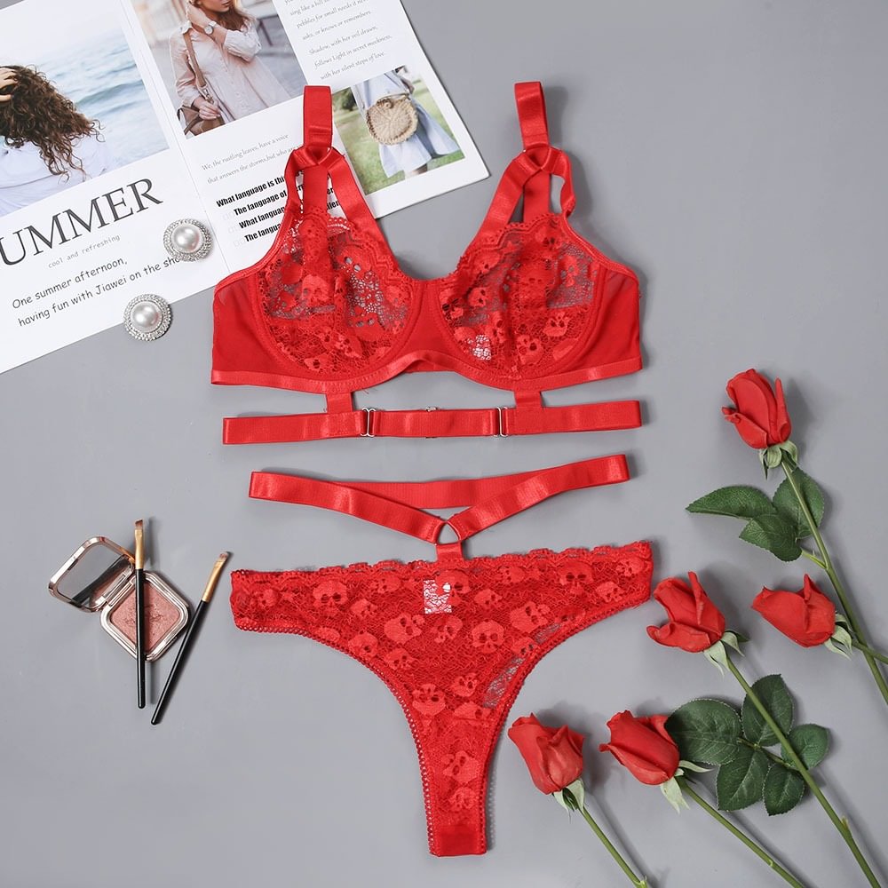 Crochet Lace O-ring Cutout Lingerie Set-Icossi