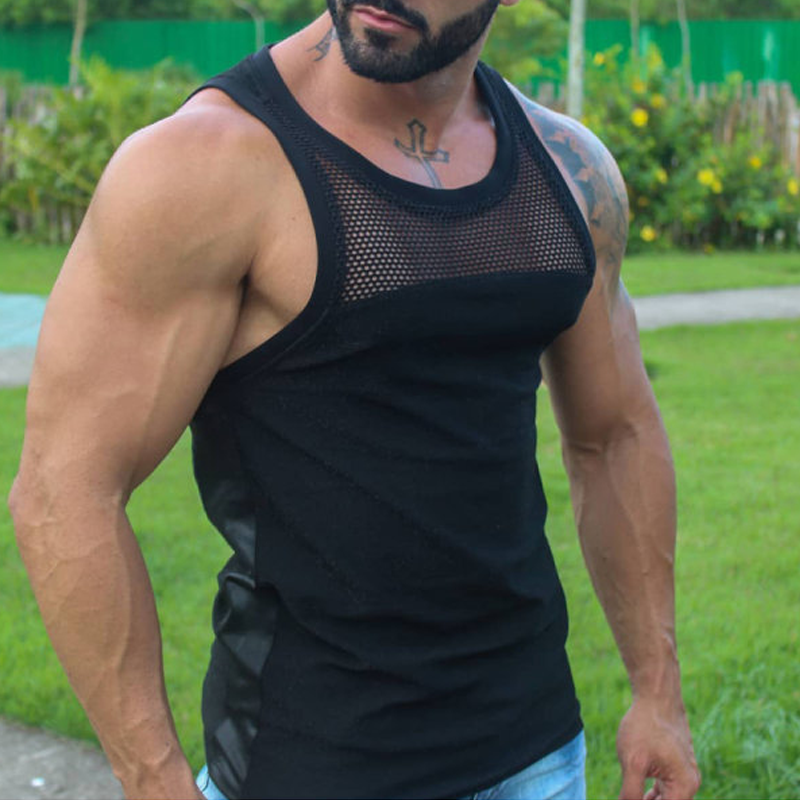 Solid Color Mesh Sleeveless Top Men's Gym Fitness Tank Shirts-VESSFUL