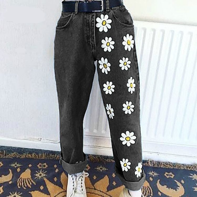 Women Jeans Floral Pockets Shift Casual Denim Pants