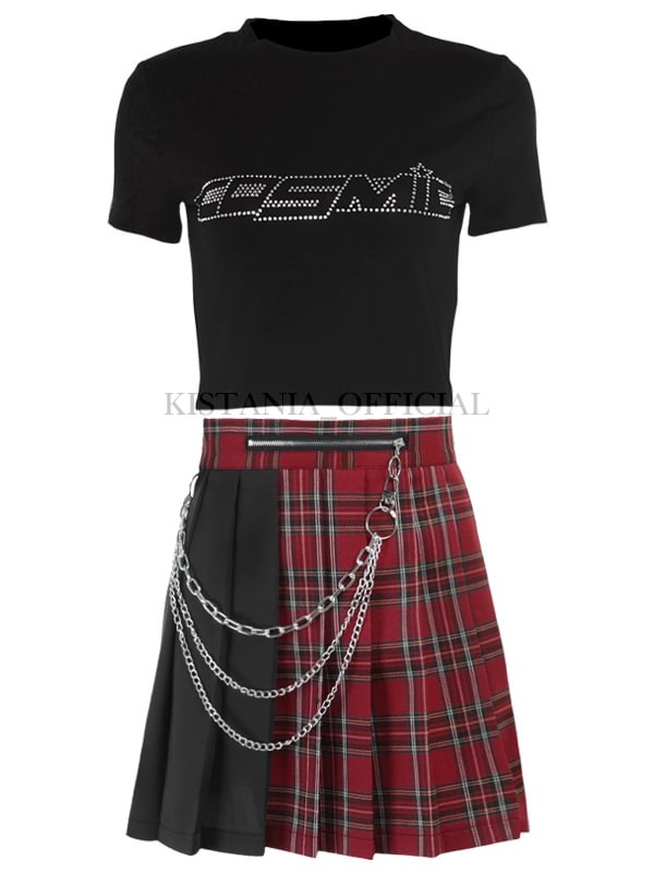 Letter Hot Drilling Round Neck Navel T-shirt + Dark Plaid Chain Skirts 2 Pieces Sets