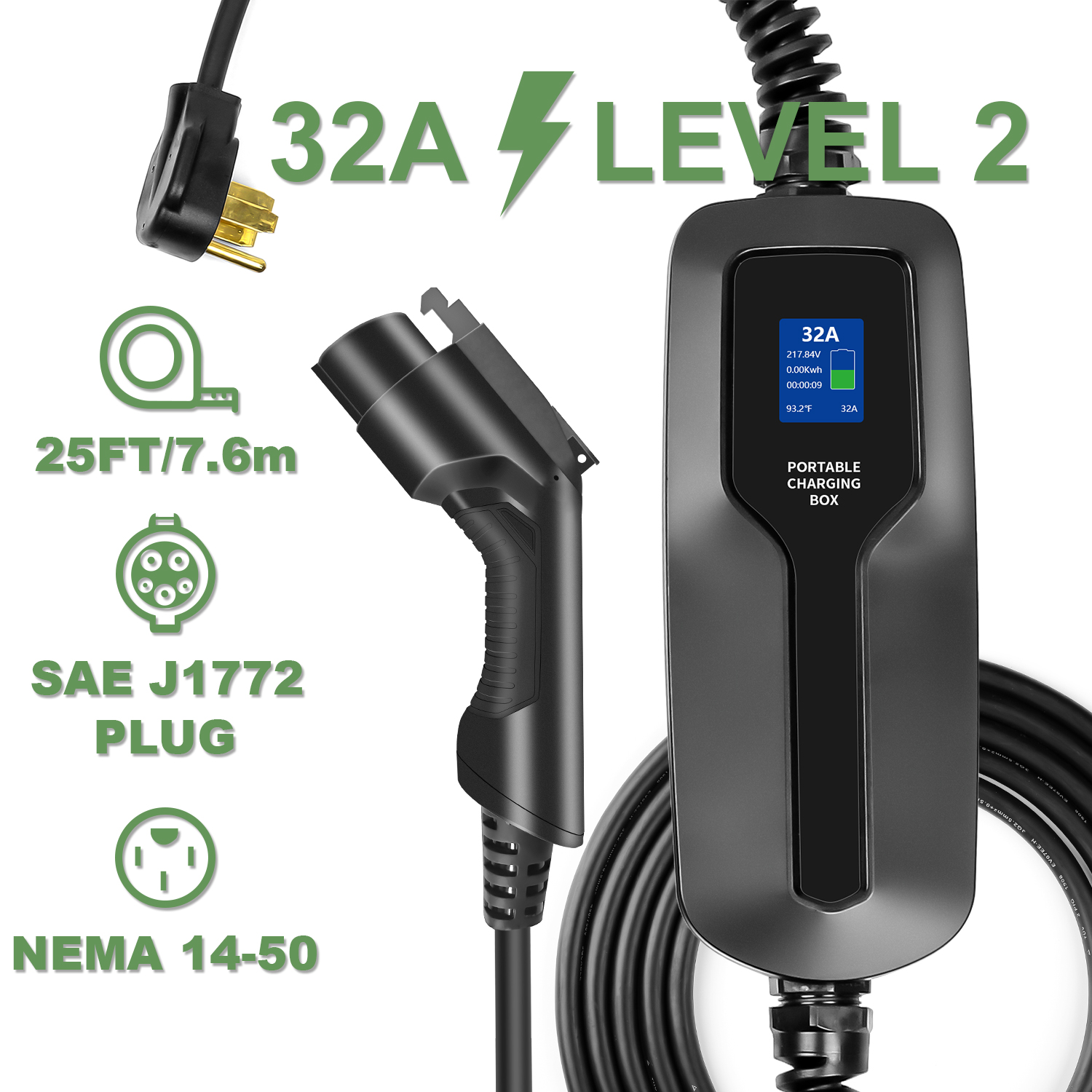 SAE J1772 Standard 110-240V, 10/16A, 20FT lefanev Level 2 EV Charger Cable SCHUKO Portable EVSE Electric Vehicle Charging Station for Chevy Volt,Tesla Model and All Type 1 