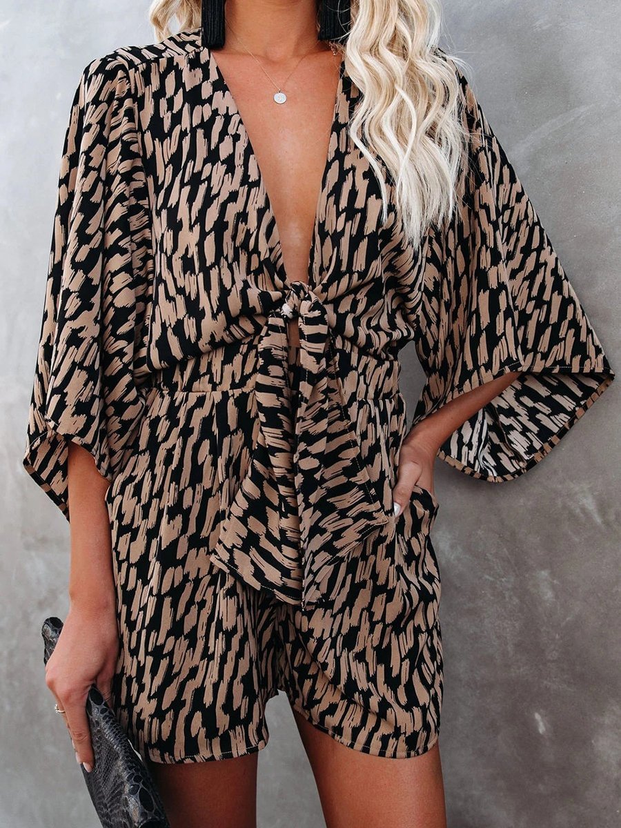 Printed Knotted Flared Sleeve Rompers P14226