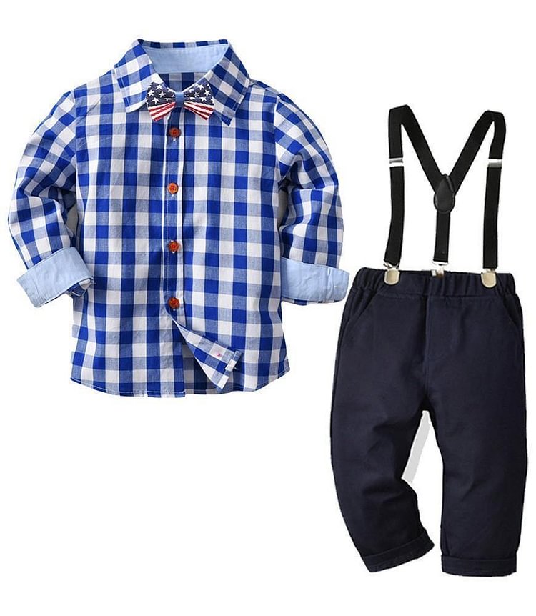 Blue Cotton Plaid Shirt And Metallic Suspender Pants Outfit Set-Mayoulove