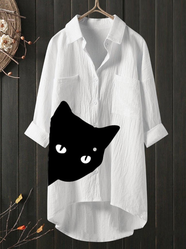 Temperament Cat Print Cotton Linen Shirt Loose Shirt Top