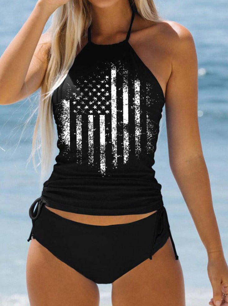 American Flag Drawstring Halter Tankini Set - Black