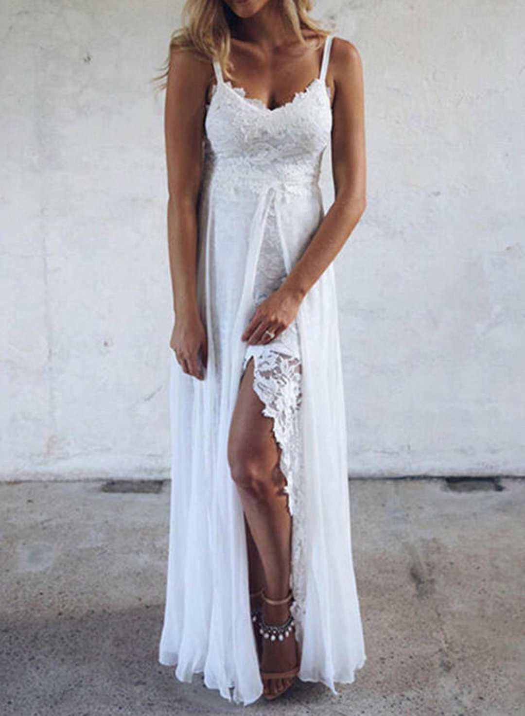 White Women's Maxi Dresses Lace A-line Solid Sleeveless Spaghetti Daily Boho Maxi Dress LC614290-1