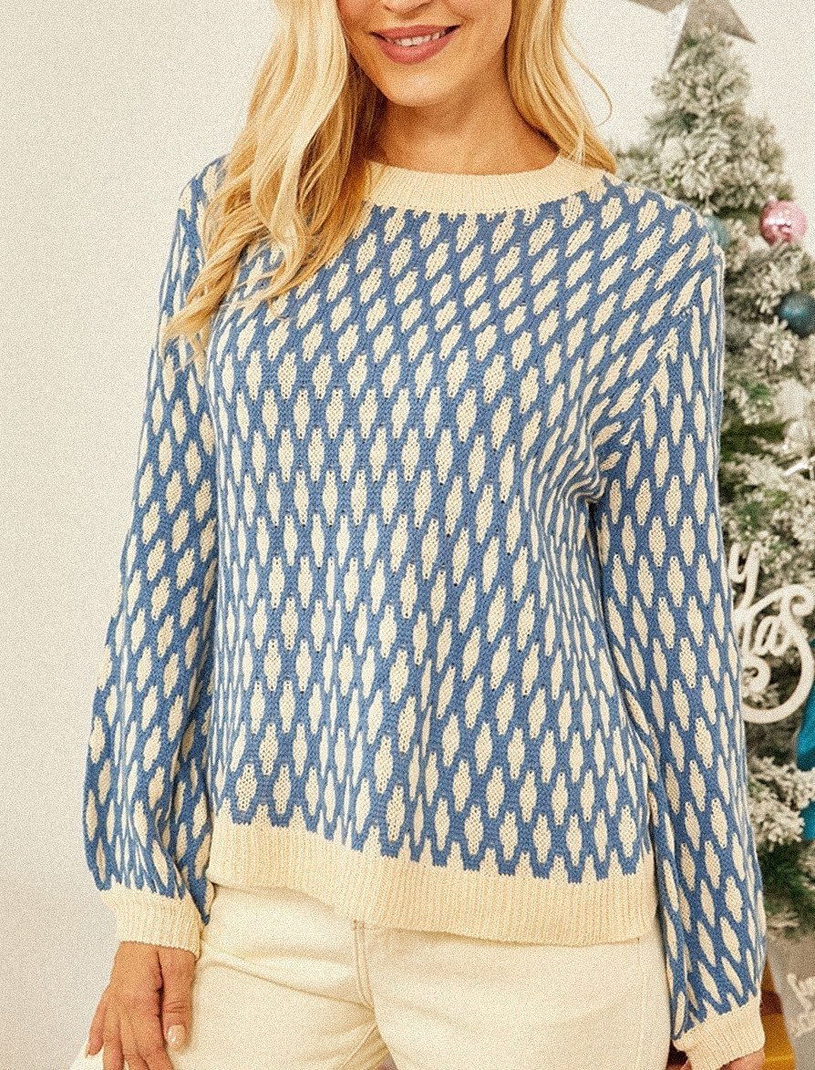 Two-tone Jacquard Round Neck Long-sleeved Pullover-Corachic