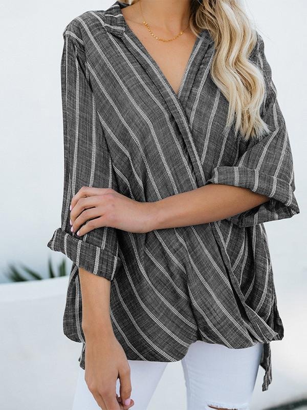 Women's cotton and linen striped irregular long-sleeved shirt-Mayoulove