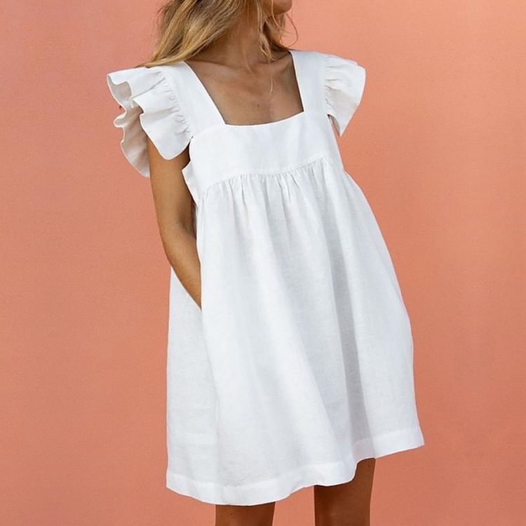 Square Neck Ruffle Sleeve Pleated Babydoll Dress With Pockets