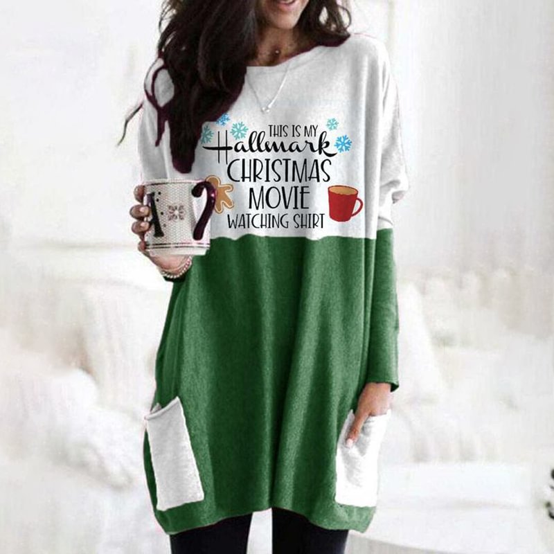 Christmas Print Women's Color Block Top T-shirt With Front Pockets