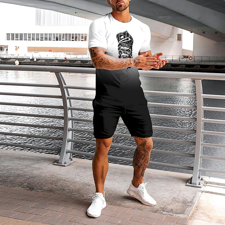 BrosWear White And Black Gradient Print T-Shirt And Shorts Two Piece Set