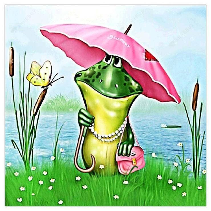 Full Round Diamond Painting Pink Unbrella Frog (30*30cm)