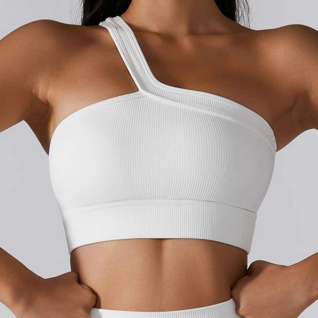 White one shoulder workout bra at Hergymclothing sportswear online shop