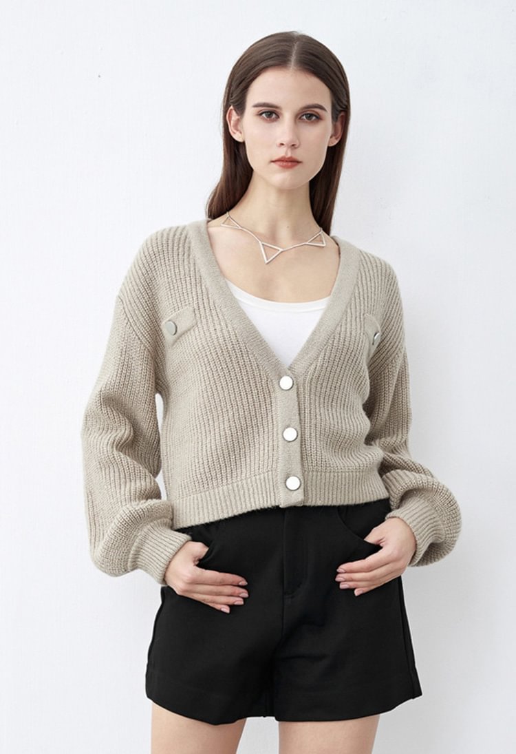 SDEER V-neck Fake Pocket Short Cardigan Sweater