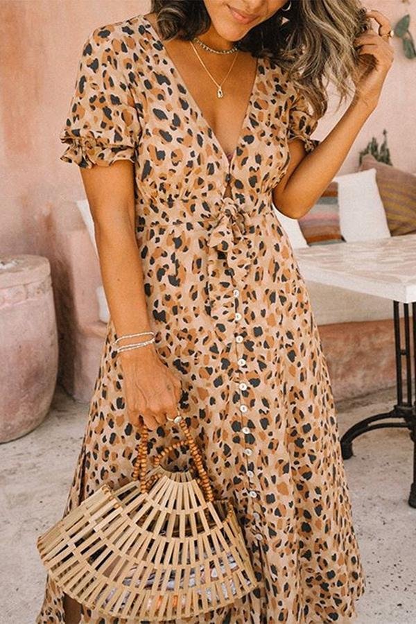 Womens Romantic Lace-up V-neck Leopard Single-breasted Dress-Allyzone-Allyzone