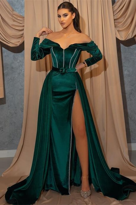 Luluslly Dark Green Long Sleeves Mermaid Evening Dress Off-the-Shoulder With Slit