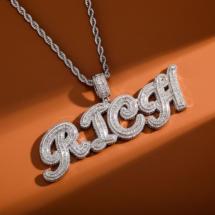 Custom Name Baguette Zircon Cursive Letters Pendant Personalized Necklace Jewelry