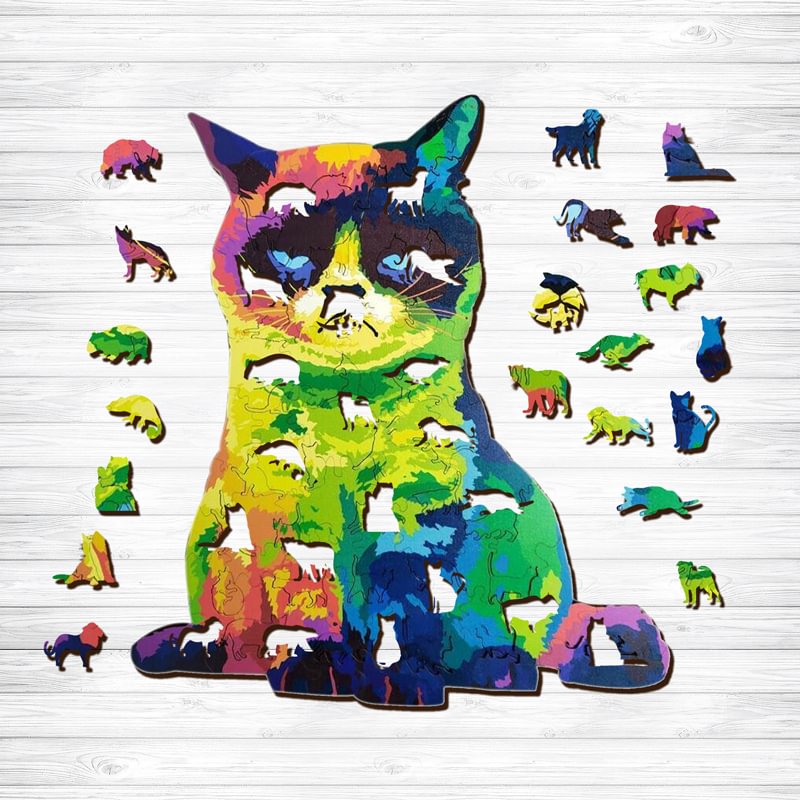 Jeffpuzzle™-JEFFPUZZLE™ Colorful Cat Wooden  Puzzle