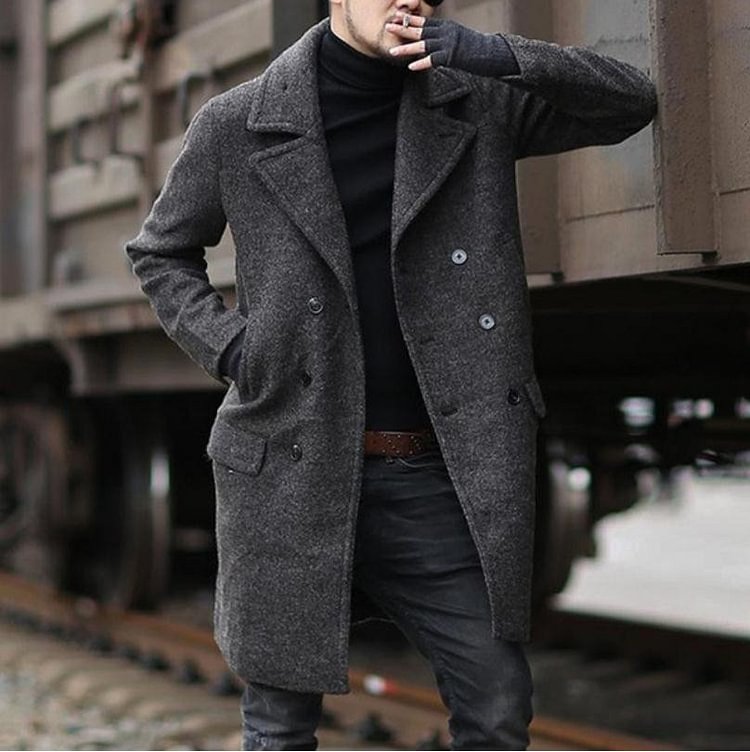 BrosWear Men's Classic Double Breasted Slim Fit Woolen Coat Dark Gray