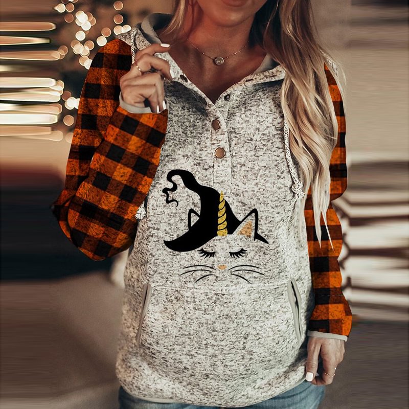Wearing Witch Hat Cat Printed Women Button Hoodies With Front Pocket