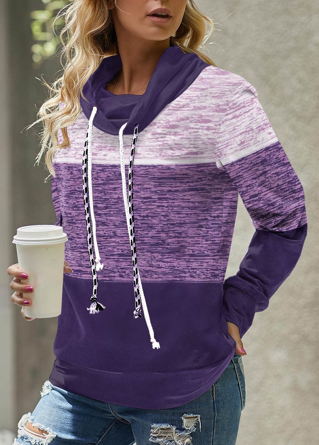 Purple Colorblock Striped Printed Women's Pullover ​Sweatshirt