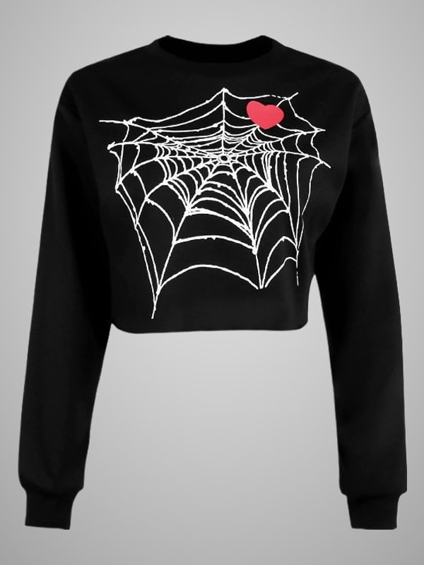 Gothic Dark Statement Designed Spider Web Printed Midriff Top
