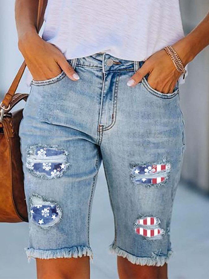 Women's Independence Day Floral Denim Five-point Pants