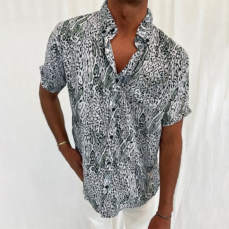 Leopard Printed Streetwear Summer Casual Lapel Short Sleeve Men Shirts