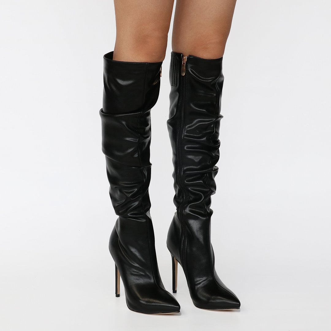 3.94" Women Zipper Leather High Heel Boots Black-vocosishoes