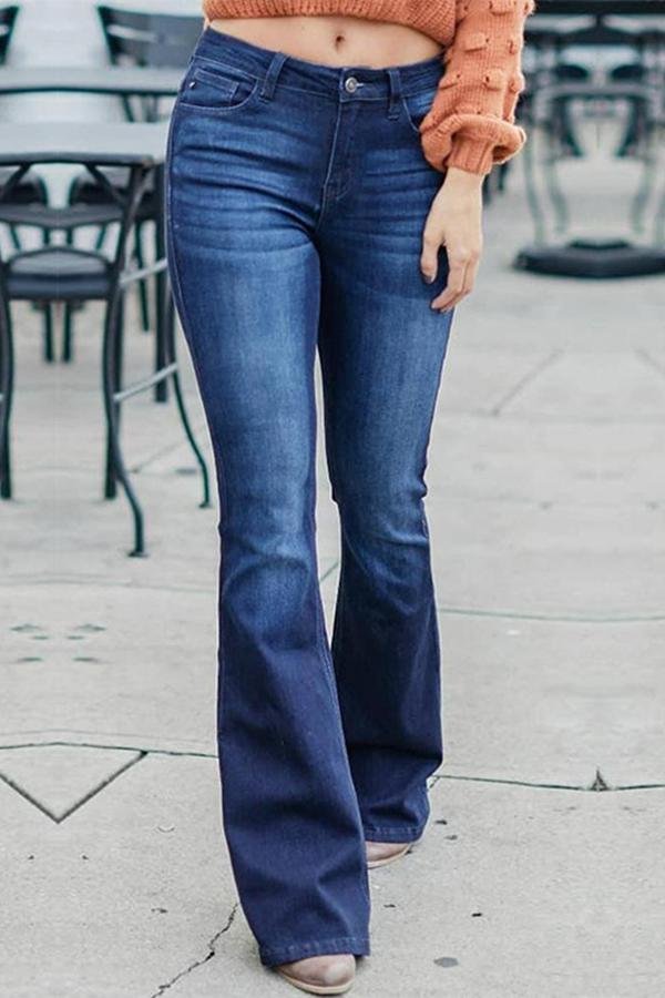 Womens Retro Blue Flare Long Mid-rise Jeans-Allyzone-Allyzone