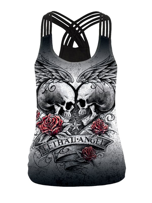 Gothic Skull Printed Sexy Beauty Back Cross Shoulder Vest