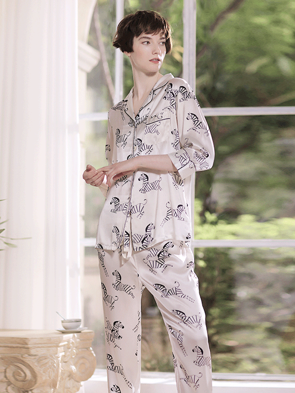 Greek Zebra Printed Silk Pajamas Set For Women