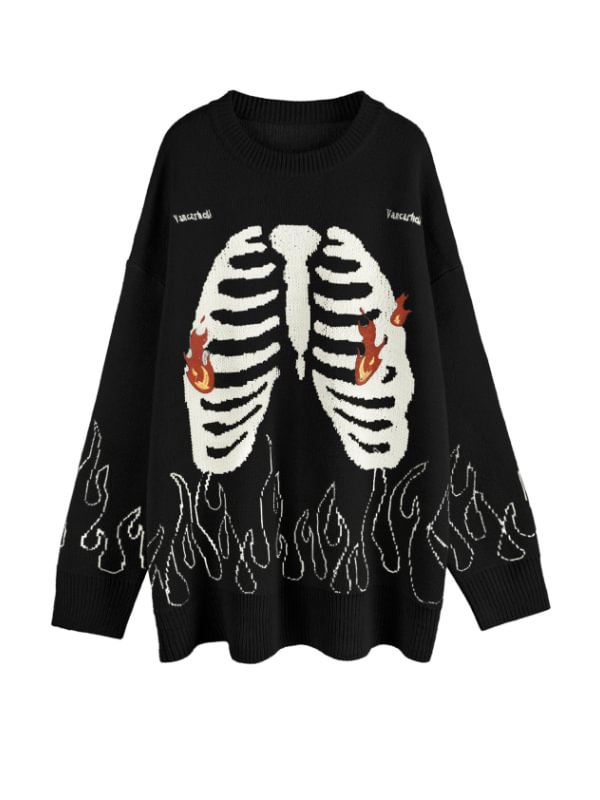 Gothic Skull Fire Pattern Color Block Sweater