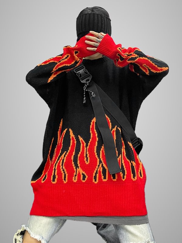 Gothic Dark Statement Casual Color-block Fire Crew Collar Long Sleeve Loose Sweater