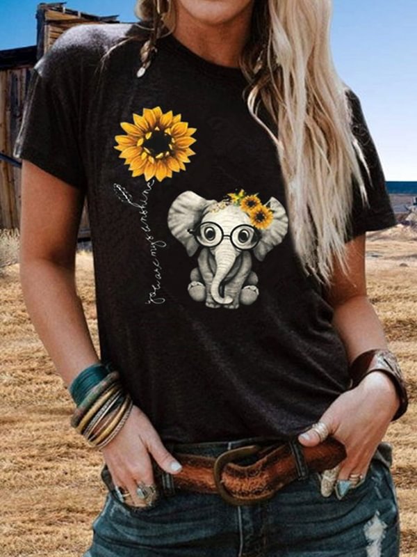 Plus Size Elephant Printed Casual Sunflower Tshirts
