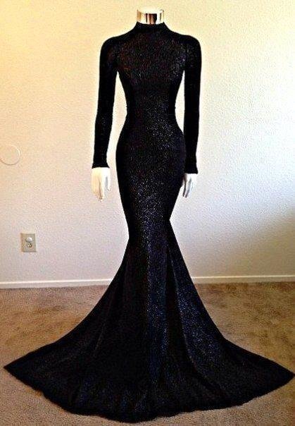 Luluslly Black Sequins Long Sleeves Prom Dress Mermaid Long