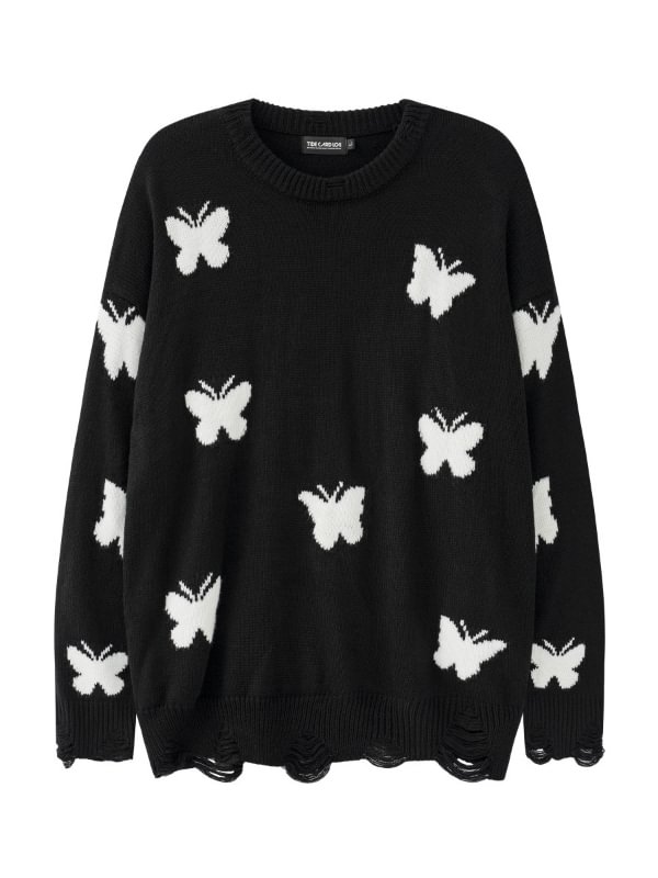Unisex Color Block Butterfly Decoration Ripped Sweater