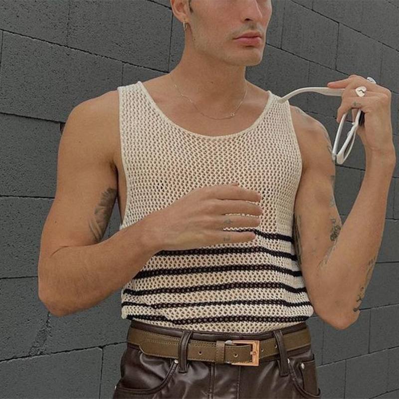 Striped Mesh See Through Streetwear Casual Sleeveless Men's Tank Tops-VESSFUL