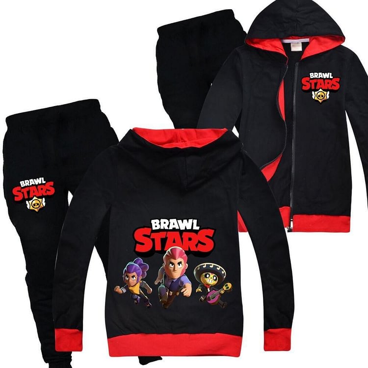 Girls Boys Zip Up Cotton Hoodie Sweatpants Outfit In Brawl Stars Print-Mayoulove