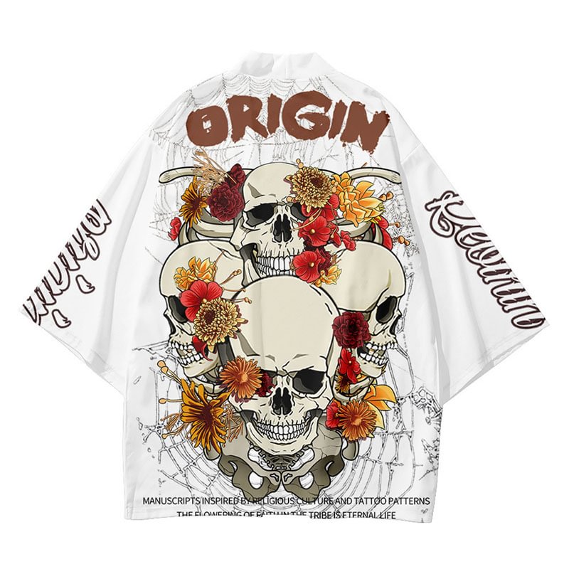 Creative Skull And Flower Print Robe Cardigan / Techwear Club / Techwear