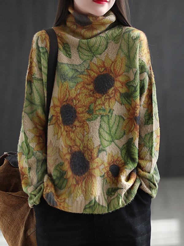 Vintage Floral High-Neck Long Sleeve Pullover Sweater