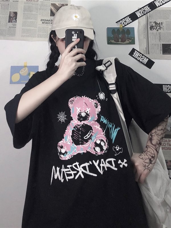 Casual Dark Bear Printed Loose T-shirt