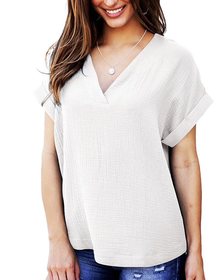 Women's Short Sleeved V-neck Loose Shirt Solid Casual Top