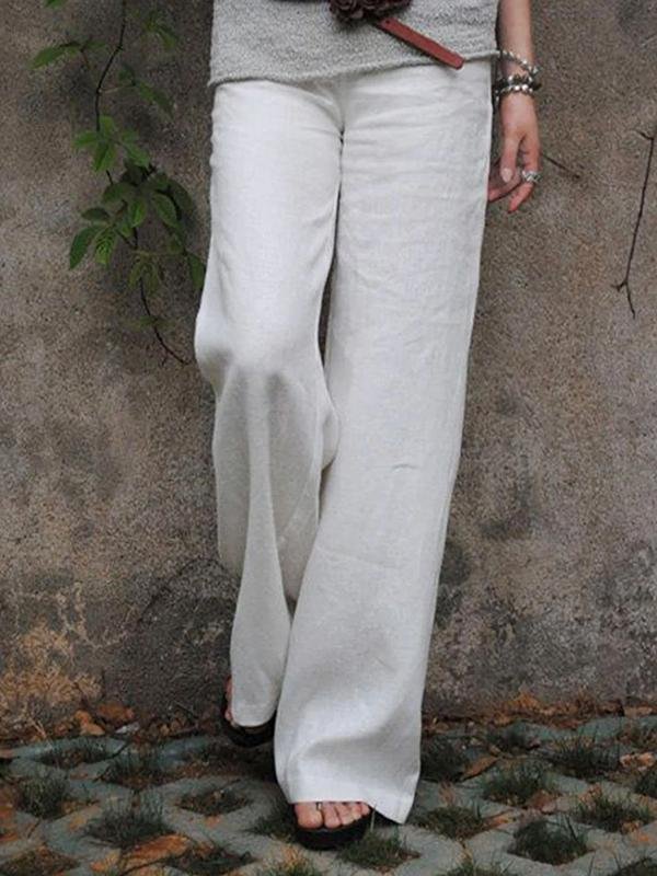 Pure Color Casual Cotton And Linen Wide-Leg Pants-Mayoulove